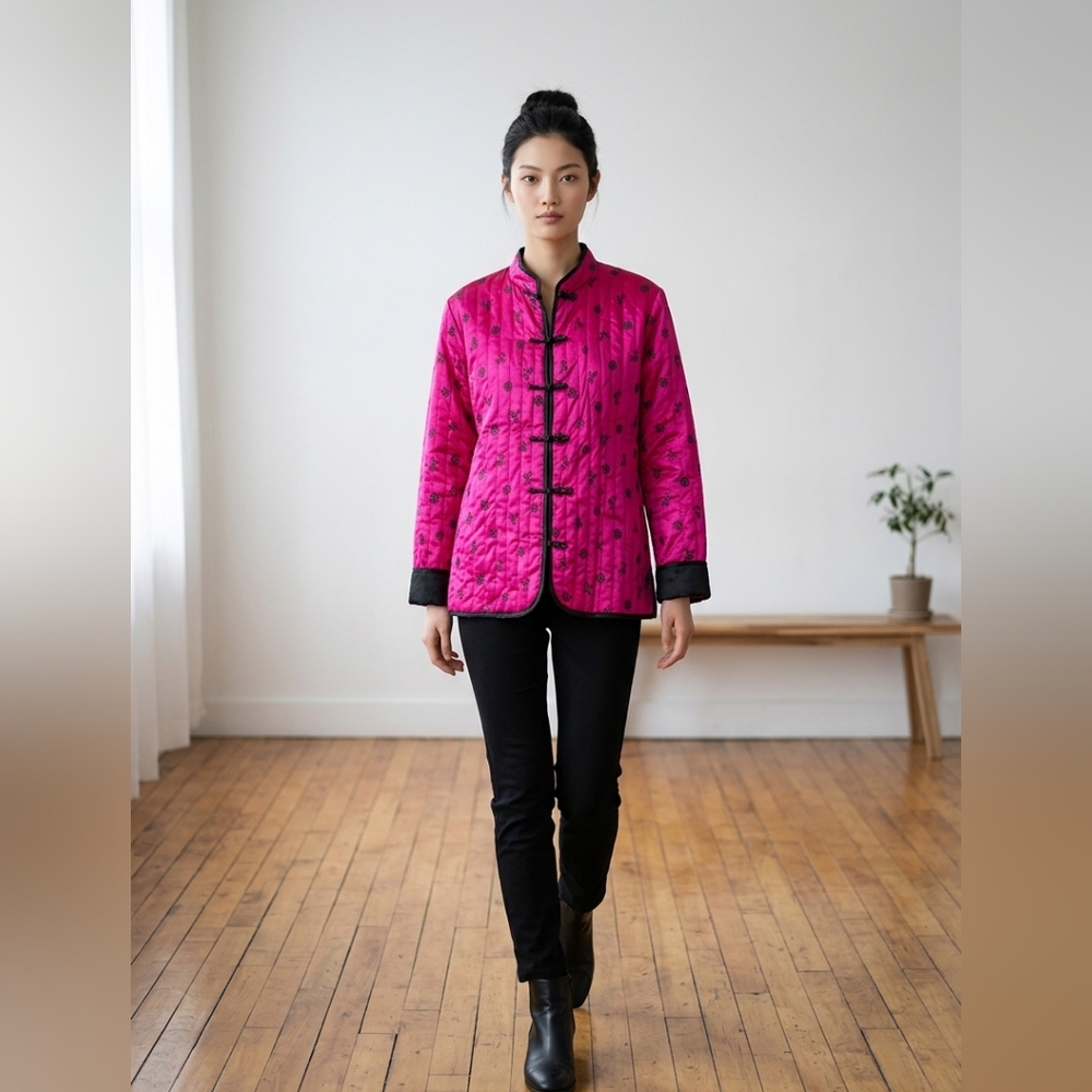 Vintage Hot Pink black Asian quilted jacket blazer Small